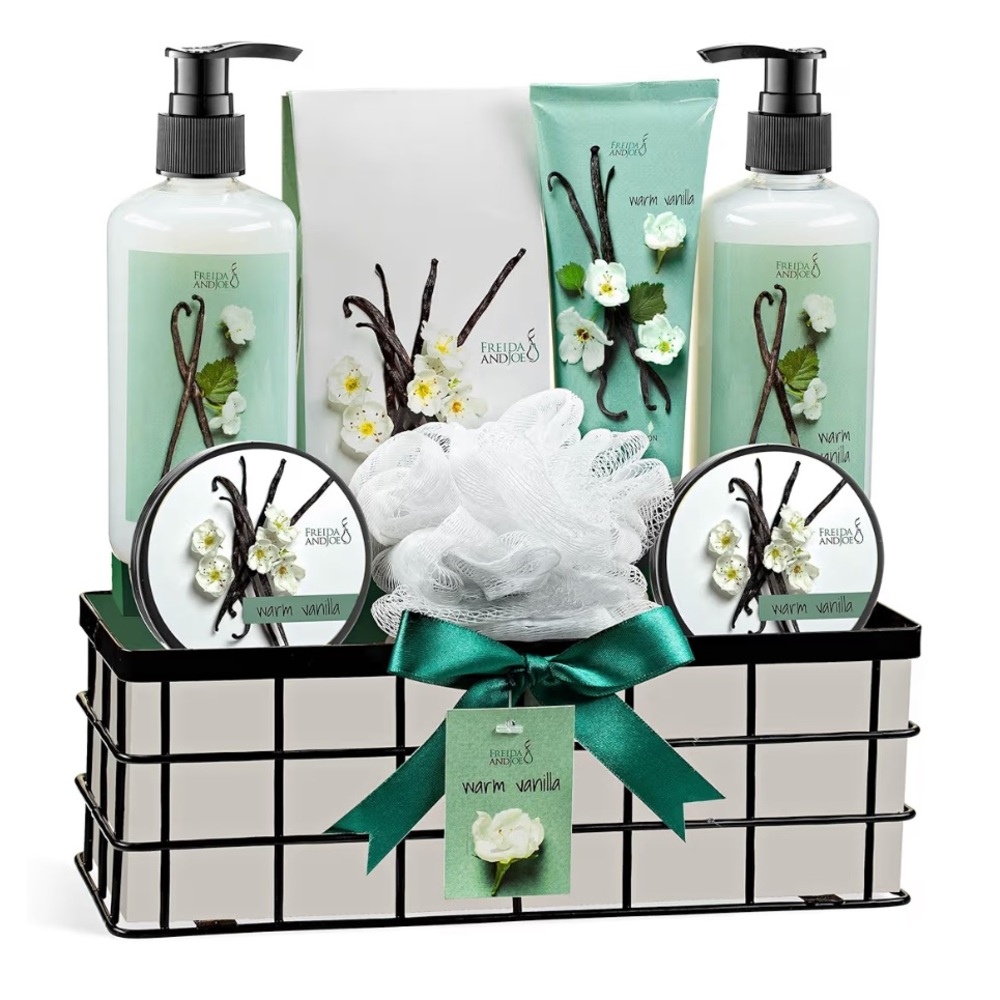 Freida & Joe Warm Vanilla Bath & Body Gift Basket Spa Set Reusable Wire Basket
